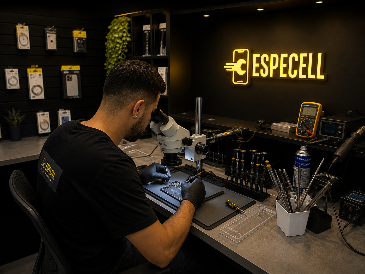 Técnico da Especell consertando celular em Curitiba